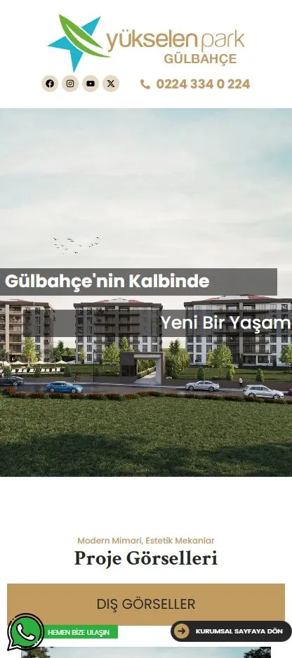 Yükselenpark Gülbahçe proje sayfasının mobil görünümünde logo, telefon, proje görseli ve görseller bölümü