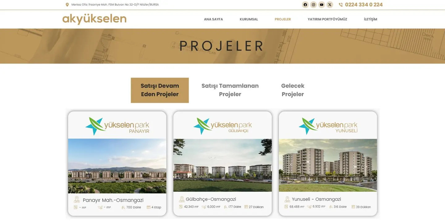 Akyükselen proje kataloğunda satış durumu sekmeleri ve Panayır, Gülbahçe, Yunuseli proje kartları