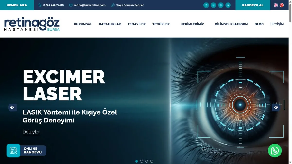 Retina Göz Hastanesi web sitesi ekran görüntüsü