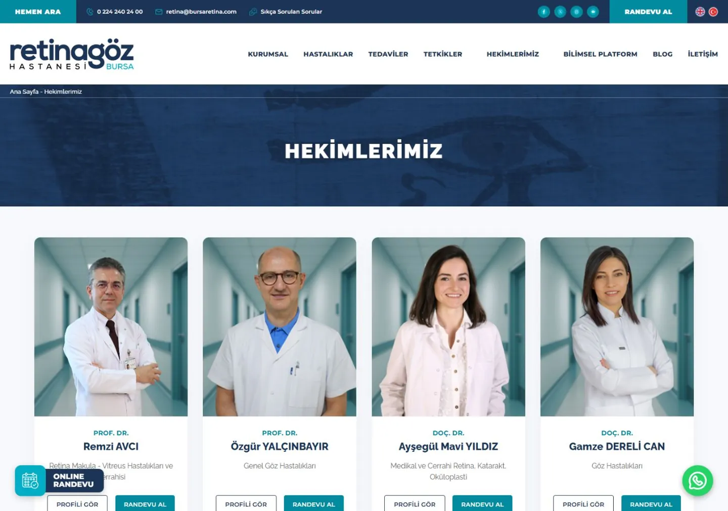 Retina Göz Hastanesi hekim listesinde fotoğraflar, hekim adları ve profil ile randevu bağlantıları