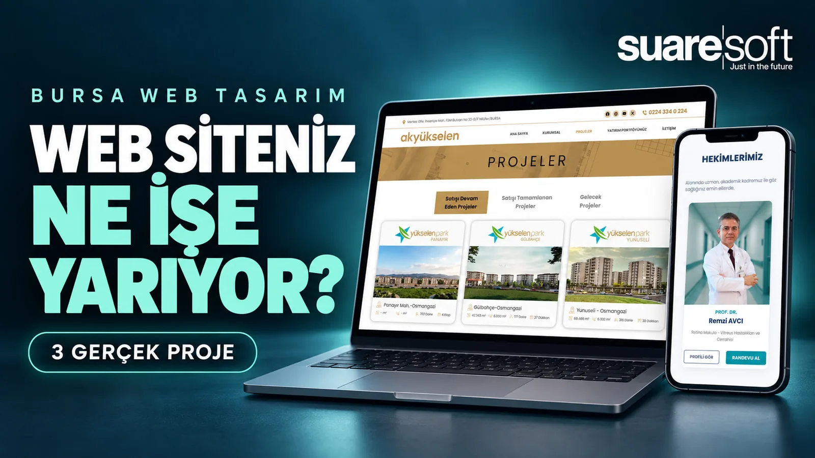 Suaresoft video kapağı: Web siteniz ne işe yarıyor? Akyükselen ve Retina proje ekranları.