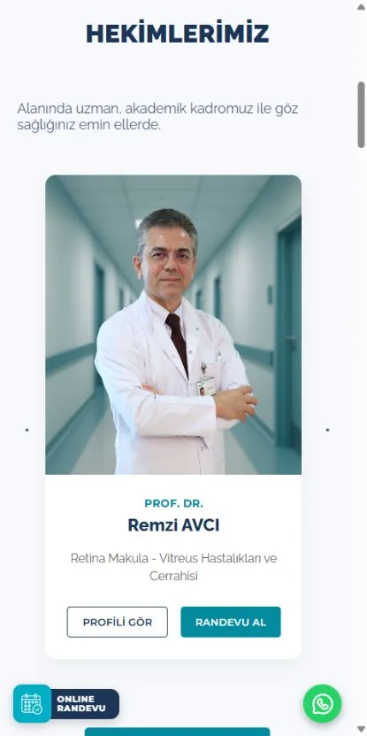 Retina web sitesinin mobil hekim kartı görünümü